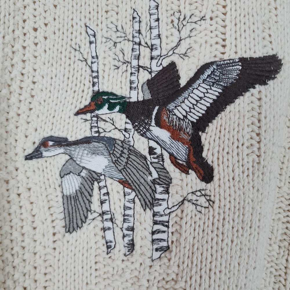 Vintage St Johns Bay Sweater Mens 2XL Cream Mallard Duck Embroidered Knit 90s - Picture 3 of 16